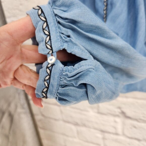 Zara Trafaluc Blue Chambray Balloon Sleeve V Neck Embroidered Boho Top US XS - Picture 8 of 12